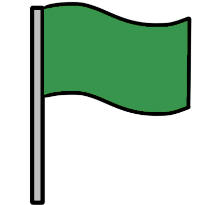 a waving green flag on a light grey pole.